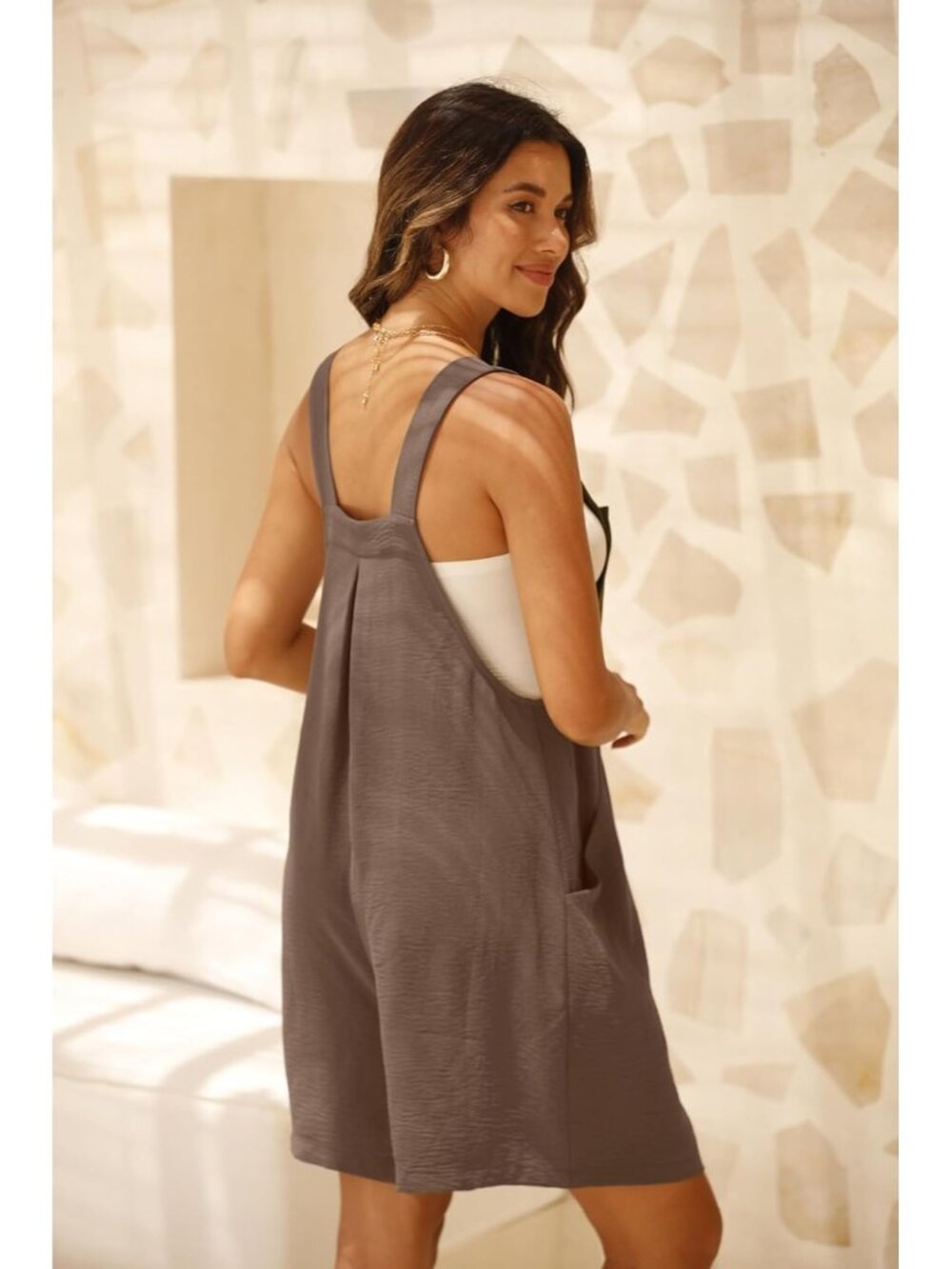 Women's Brown Rompers Summer Wide Leg Shorts Overalls Adjustable Strap Bib - Picture 5 of 6